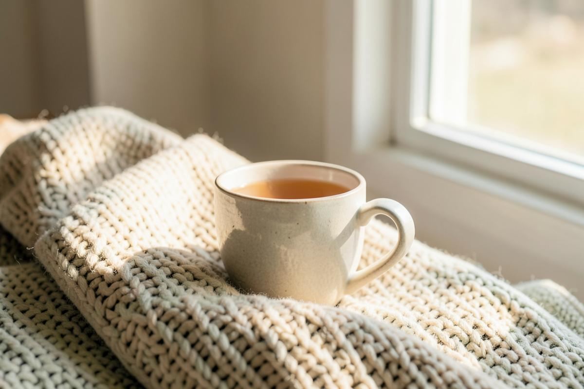 Taza de té caliente sobre una manta tejida junto a una ventana con luz suave