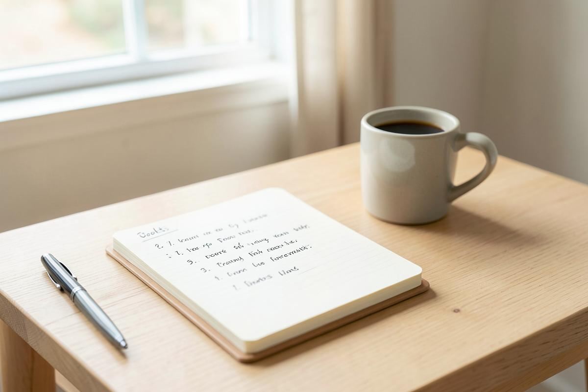 Libreta con objetivos escritos, bolígrafo y taza de café sobre un escritorio junto a una ventana