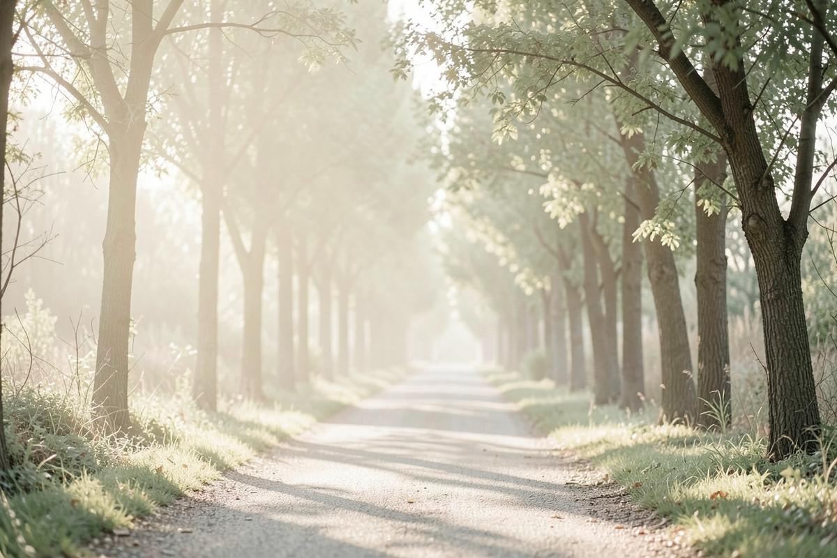 Camino tranquilo entre árboles con luz suave de la mañana