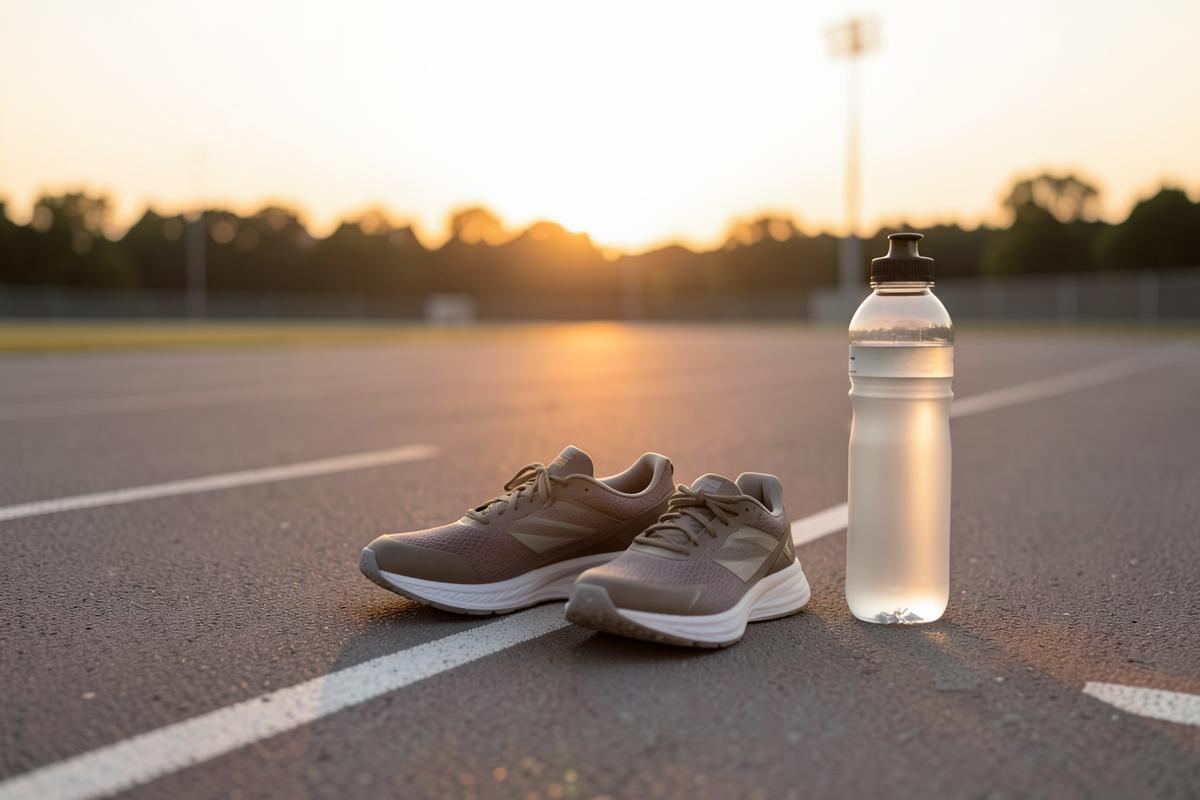 Zapatillas de correr y botella de agua sobre una pista al amanecer